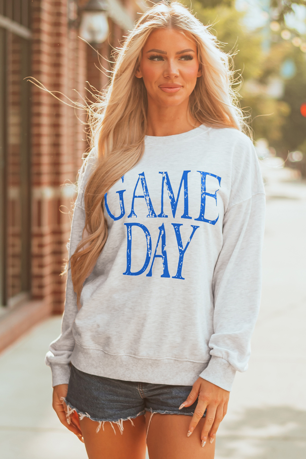 Blue Vintage Washed GAME DAY Graphic Baggy Sweatshirt - Image 3