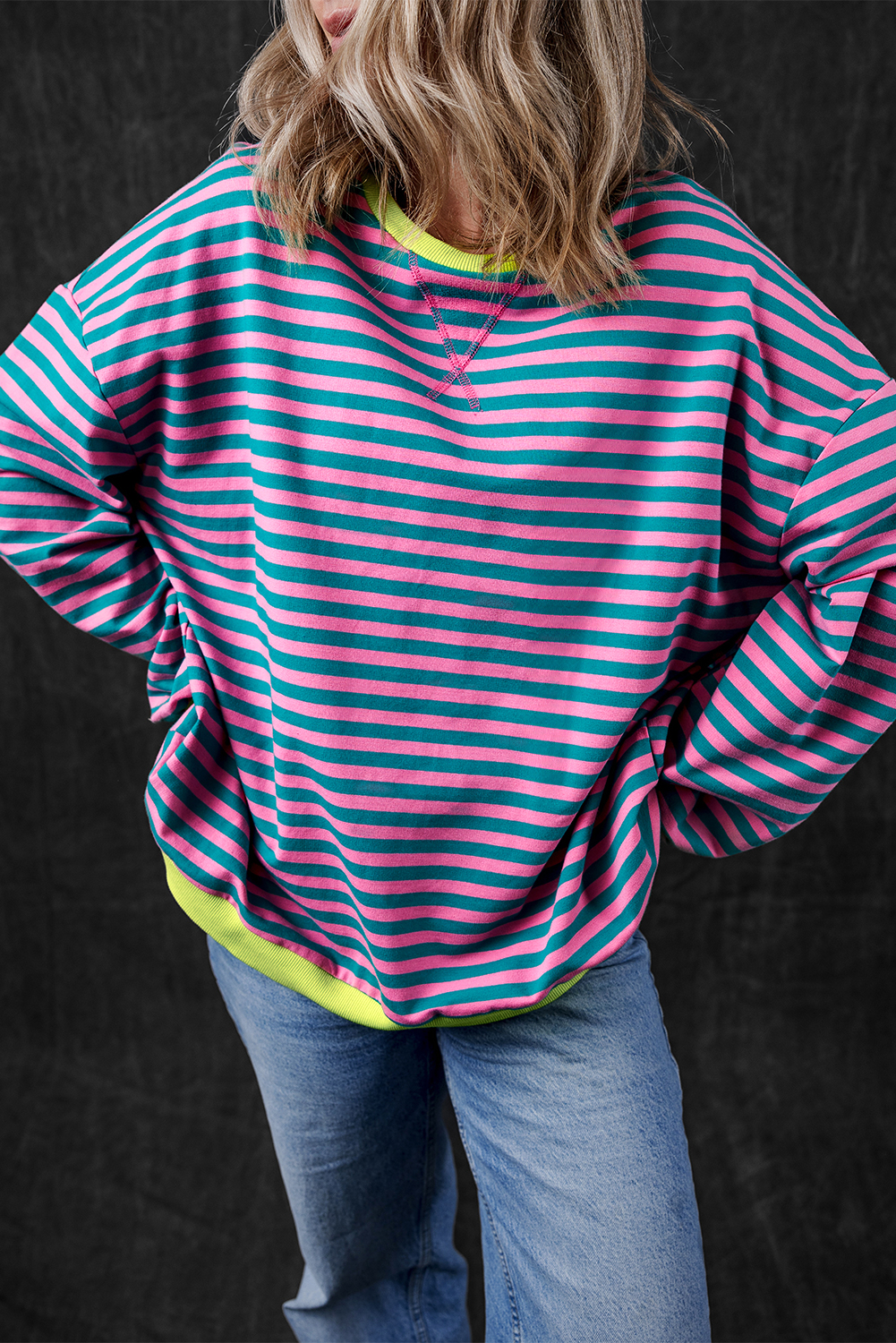 Green Stripe Oversized Contrast Trim Pullover Sweatshirt - Image 4