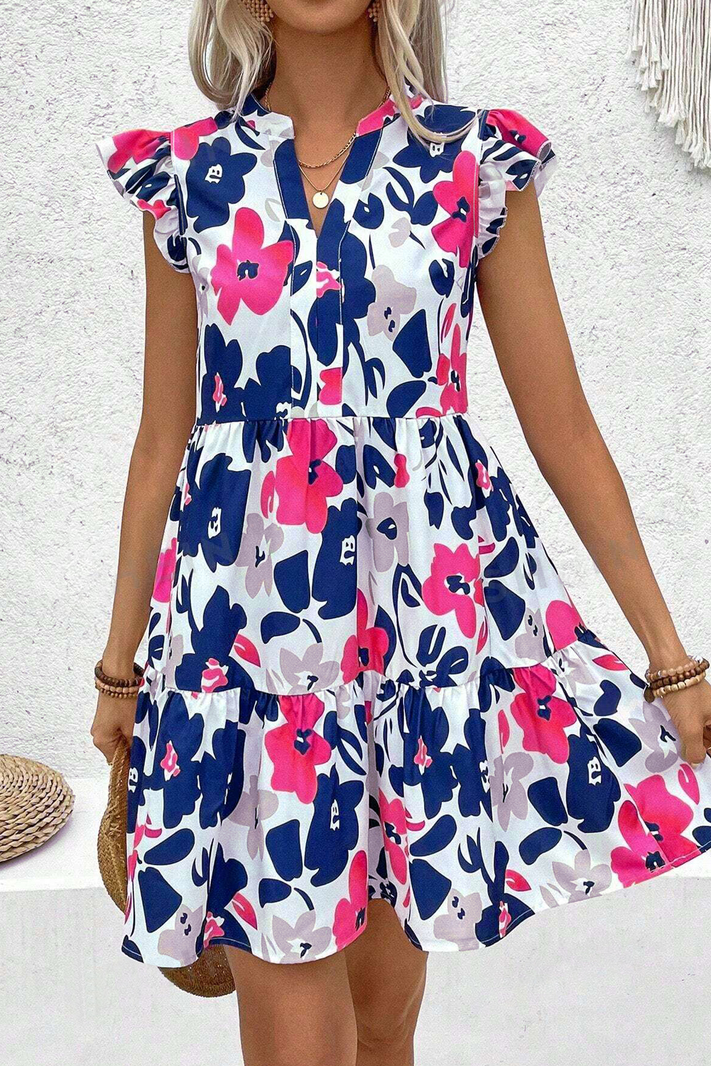 Fashion Floral Print Notched Neck Flutter Sleeve Mini Dress - Image 3