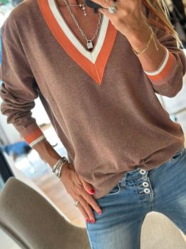 Dark Khaki Contrast Striped Trim V Neck Varsity Sweater
