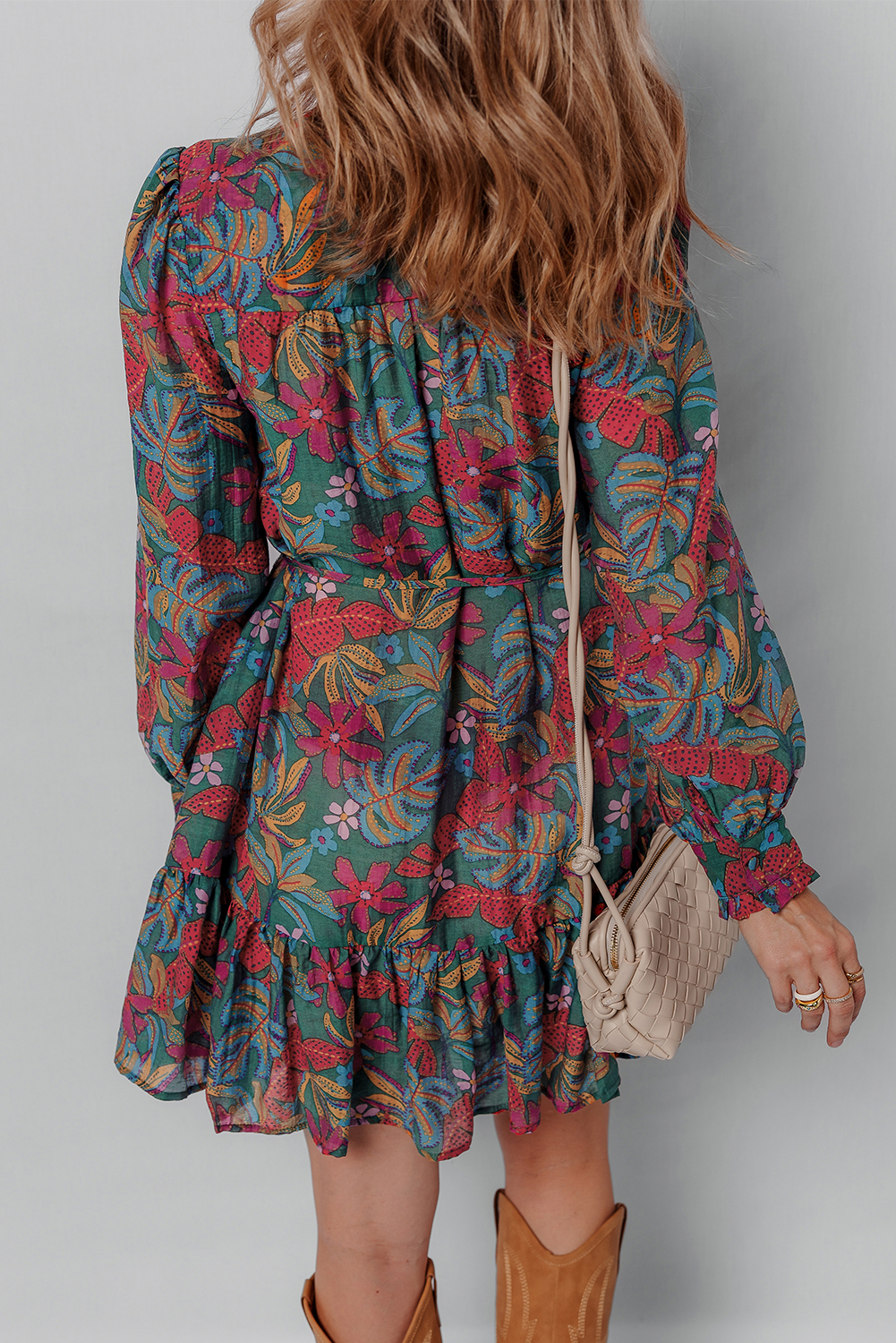 Green Floral Friled V Neck Puff Sleeve Ruffled Shirt Dress - Image 2