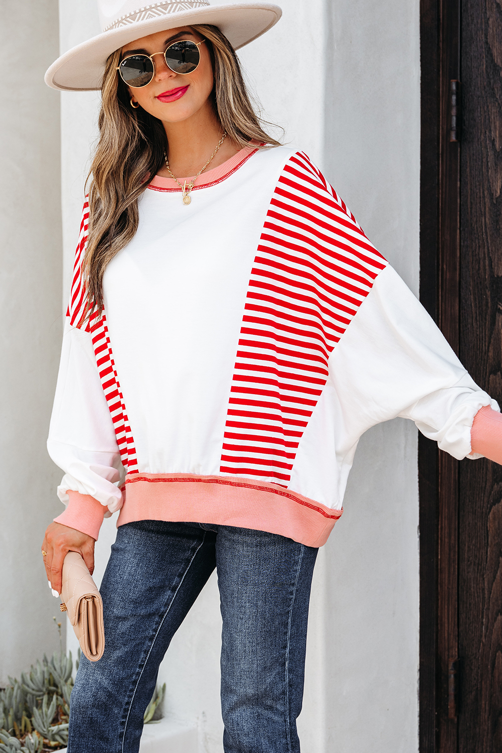 Red Stripe Colorblock Patchwork Contrast Stitching Oversize Sweatshirt - Image 3
