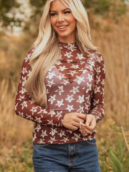 Red Mesh Star Print Mock Neck Sheath Long Sleeve Top
