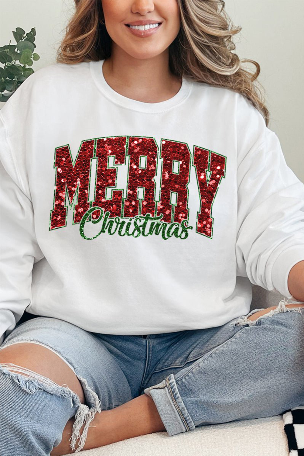 Beige MERRY Christmas Heat Transfer Printing Crewneck Pullover Sweatshirt - Image 3