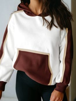Coffee Color Block Patchwork Athleisure Hooded Sweatshirt