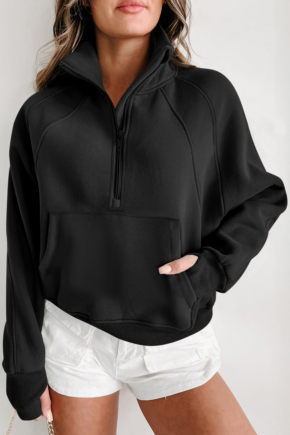 Black Fleece Lined Zip Up Stand Collar Thumbhole Sleeve Sweatshirt - Image 3