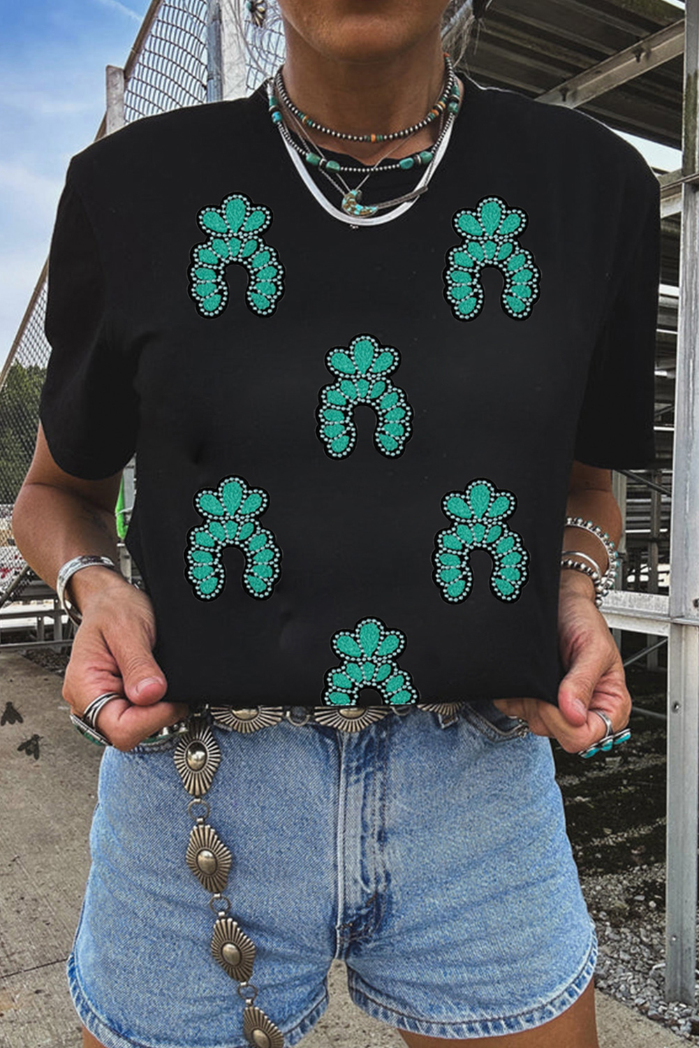 Black Western Turquoise Pattern Sequin Patched T Shirt - Image 4