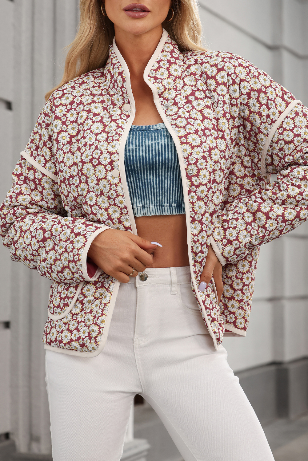 Pink Floral Print Contrast Edge Pocketed Stand Neck Jacket - Image 4