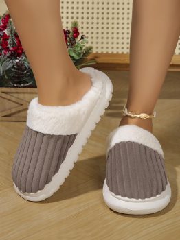Dark Grey Ribbed Plush Color Block Winter Slippers