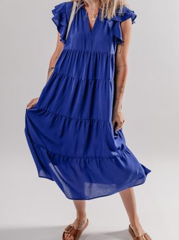 Bluing Ruffled Short Sleeve Collared V Neck Tiered Midi Dress