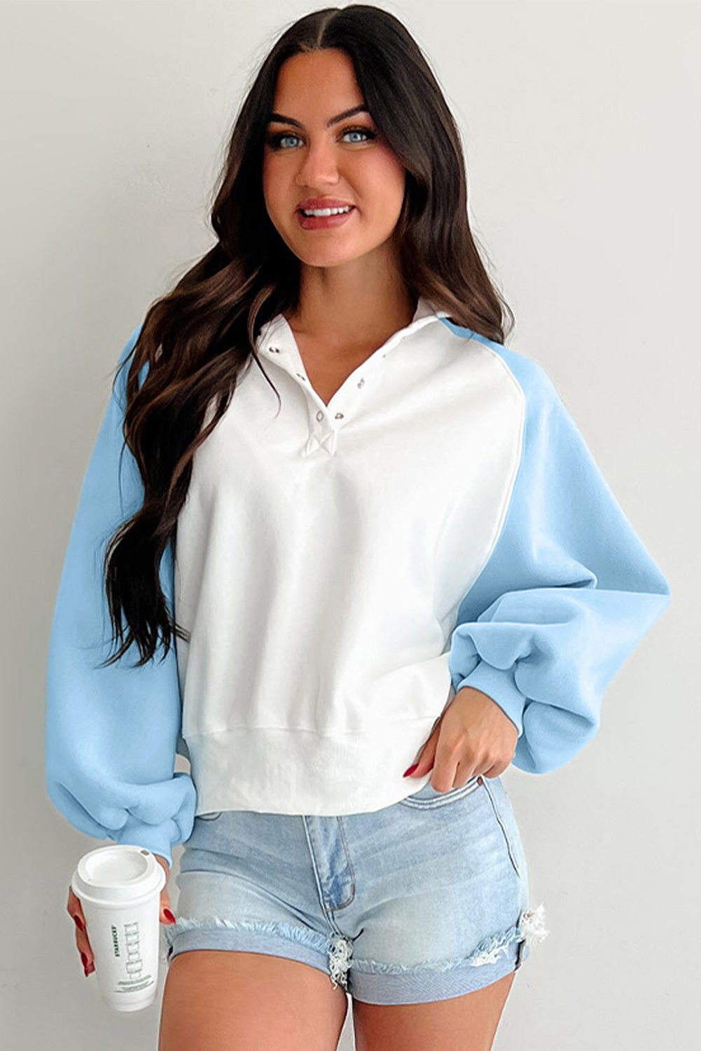 Beau Blue Colorblock Snap Buttons Pullover Sweatshirt - Image 6