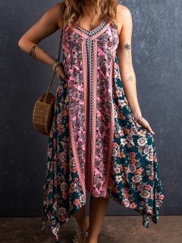 Pink Bohemian Floral Patchwork Print Long Sundress