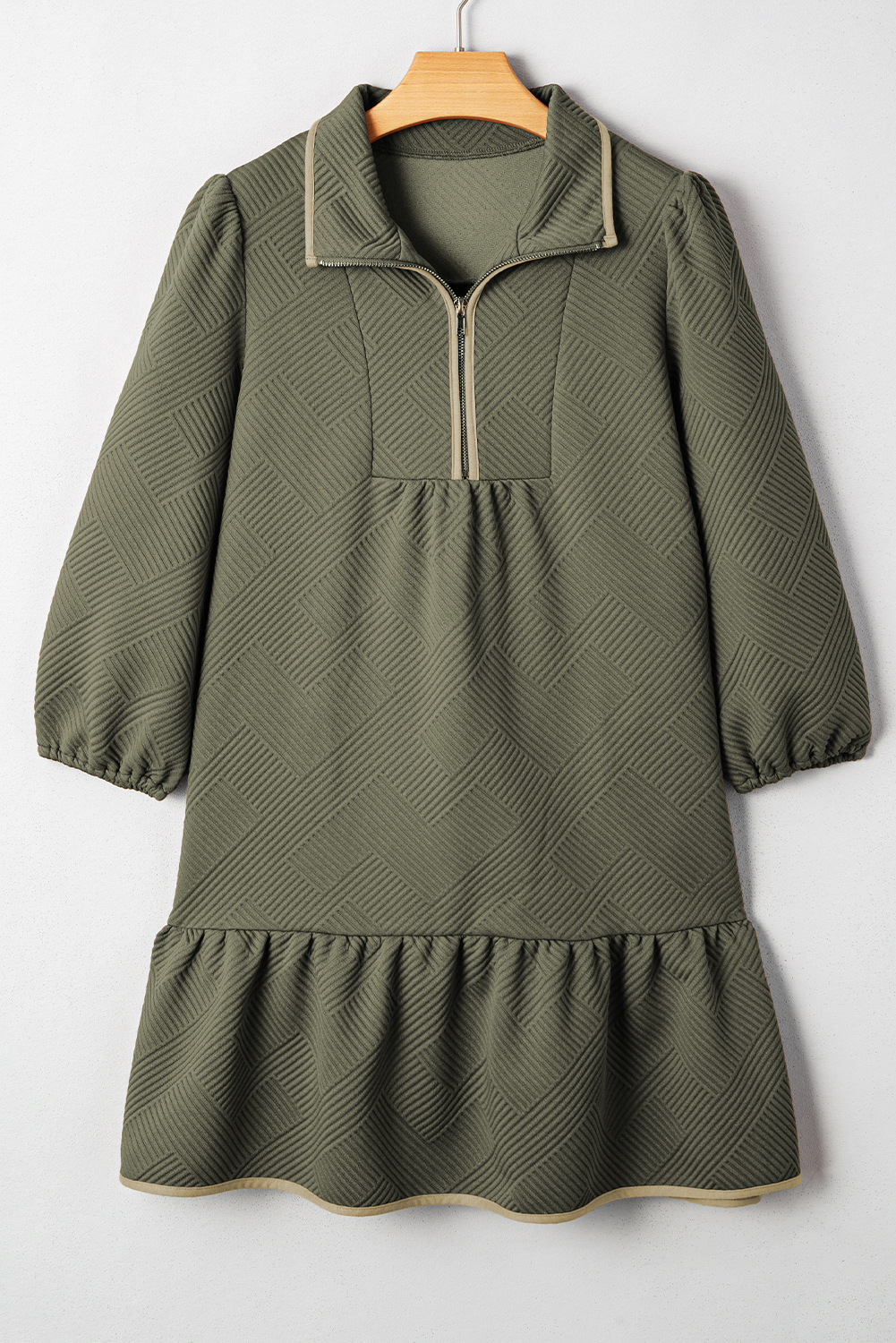 Jungle Green Quarter Zip Collar Bracelet Sleeve Textured Mini Dress - Image 6