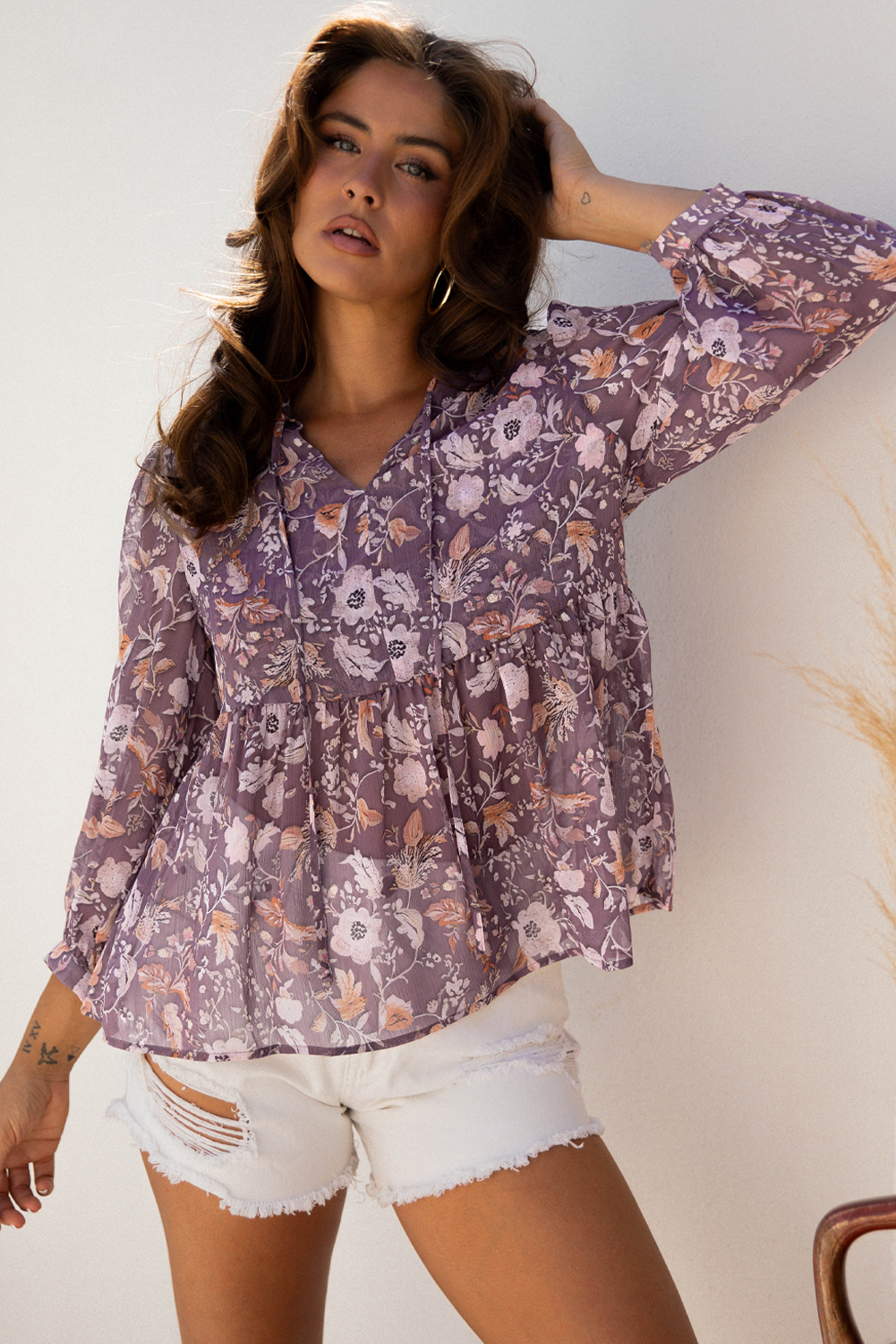 Blue Boho Flower Print 3/4 Sleeve Babydoll Blouse - Image 5