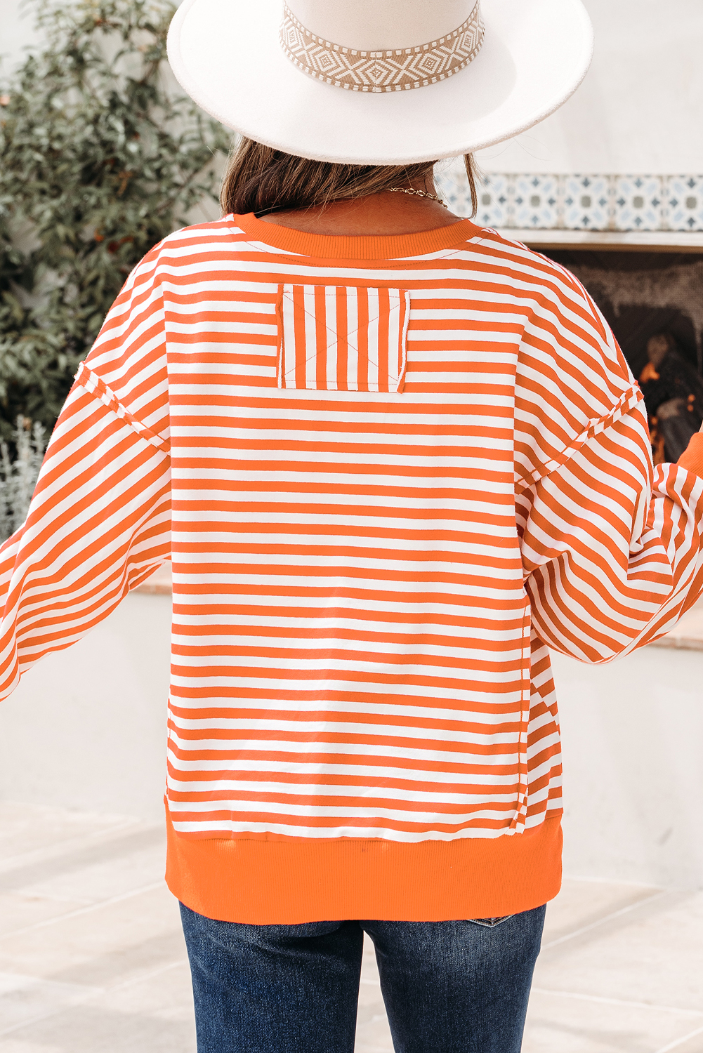 Orange Stripe Exposed Seam Drop Shoulder Casual Pullover Top - Image 2