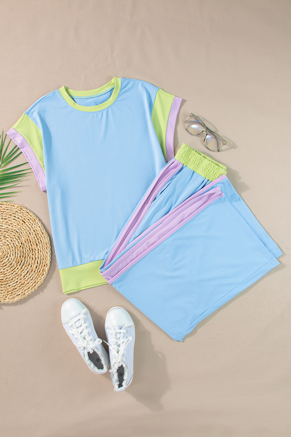 Sky Blue Color Block Detail Casual Two-piece Outfit - Image 4