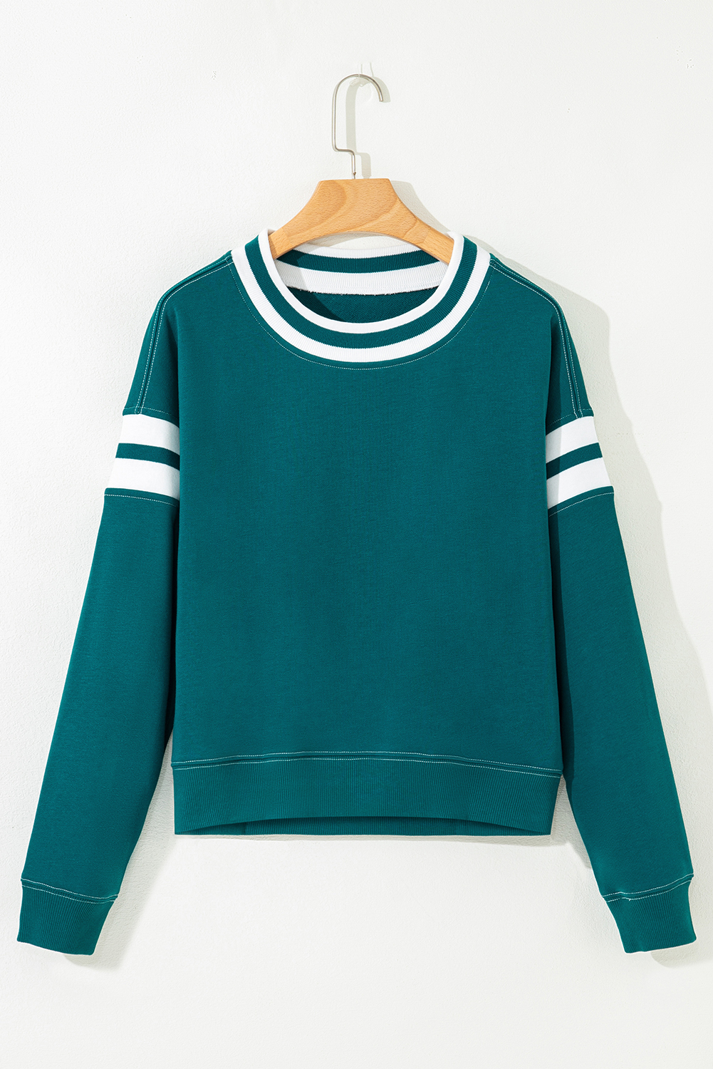 Blackish Green Contrast Striped Patchwork Round Neck Drop Shoulder Sweatshirt - Image 8
