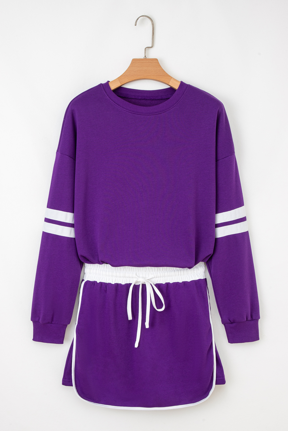 Tillandsia Purple Varsity Stripe Detail Drop Shoulder Pullover Mini Skirt Set - Image 7