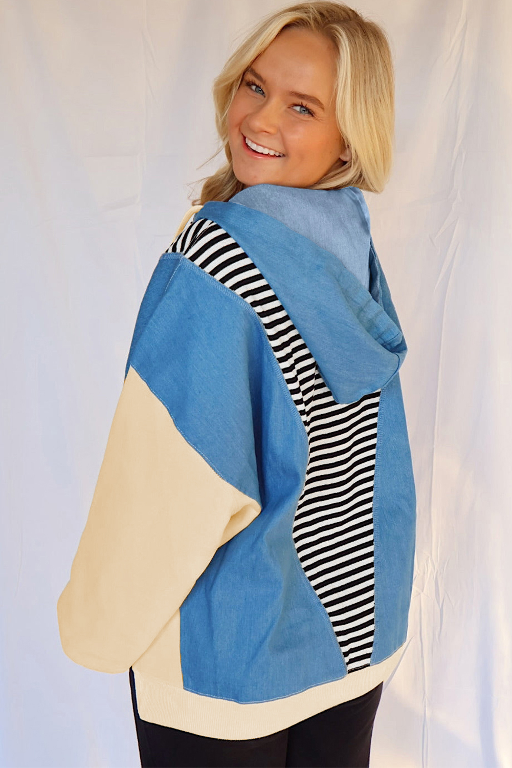 Black Stripe Denim Color Block Quarter Zip Baggy Drawstring Hoodie - Image 2