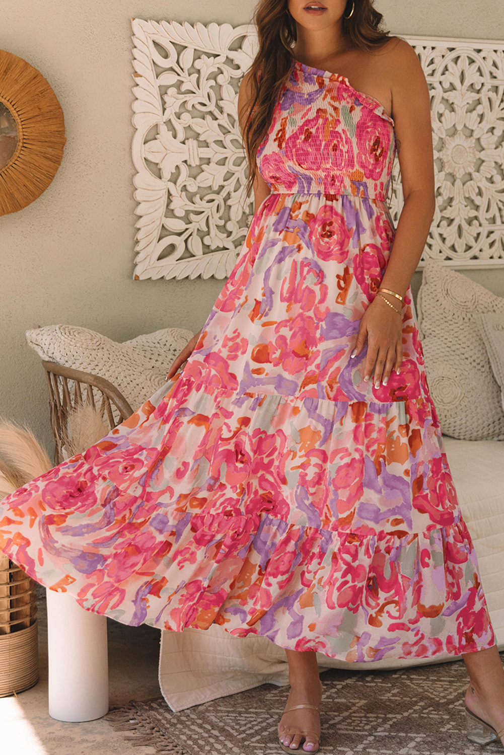 Pink Abstract Floral Print Shirred One Shoulder Maxi Dress - Image 8