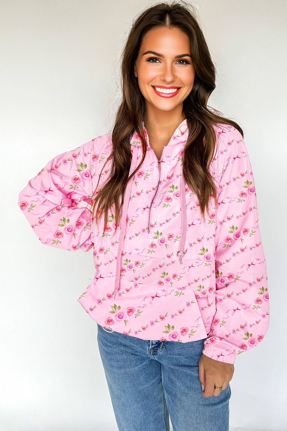 Pink Floral Print Half Zip Kangaroo Pouch Drawstring Hoodie - Image 2
