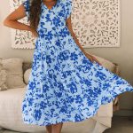 Sky Blue Floral Print Tiered Frilled Trim Flutter Sleeve Maxi Dress