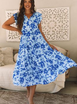 Sky Blue Floral Print Tiered Frilled Trim Flutter Sleeve Maxi Dress