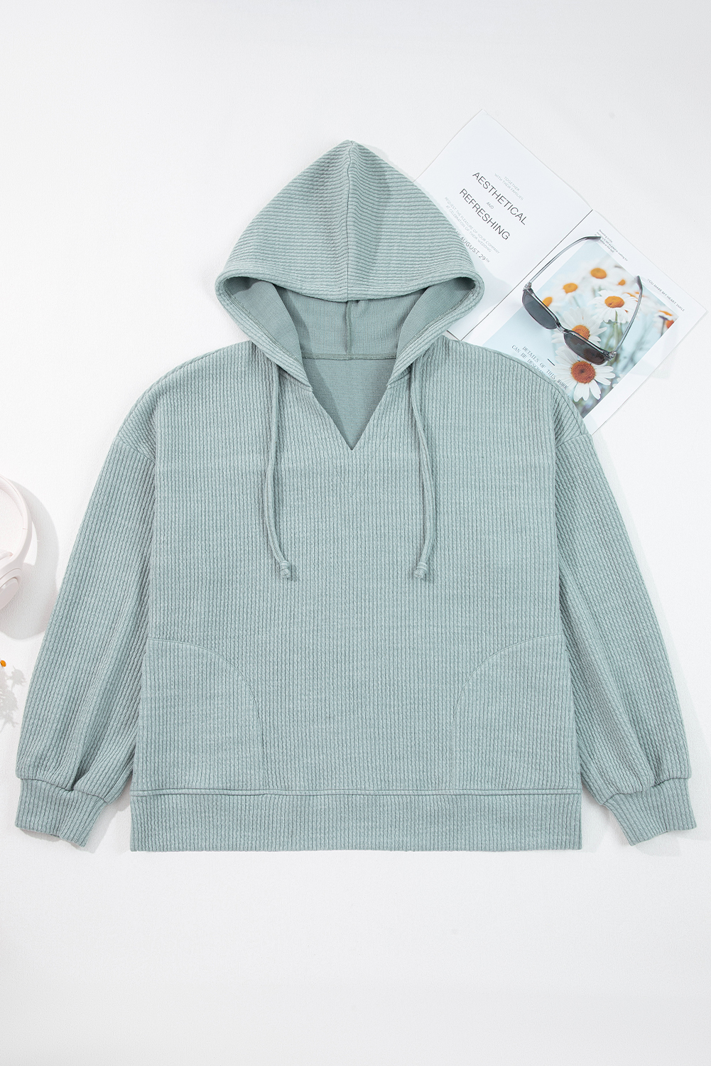 Clearly Aqua Ribbed Drop Shoulder Knit Hoodie - Image 3