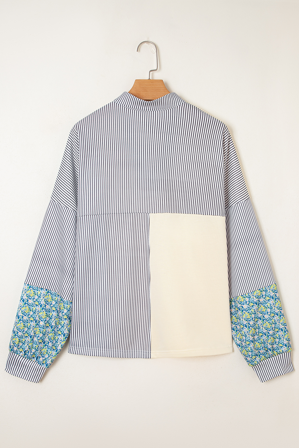 Beige Floral Striped Drop Sleeve Collared Boxy Fit Sweatshirt - Image 4