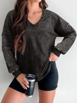 Carbon Grey Mineral Wash Exposed Seam Buttoned V Neck Pullover Top