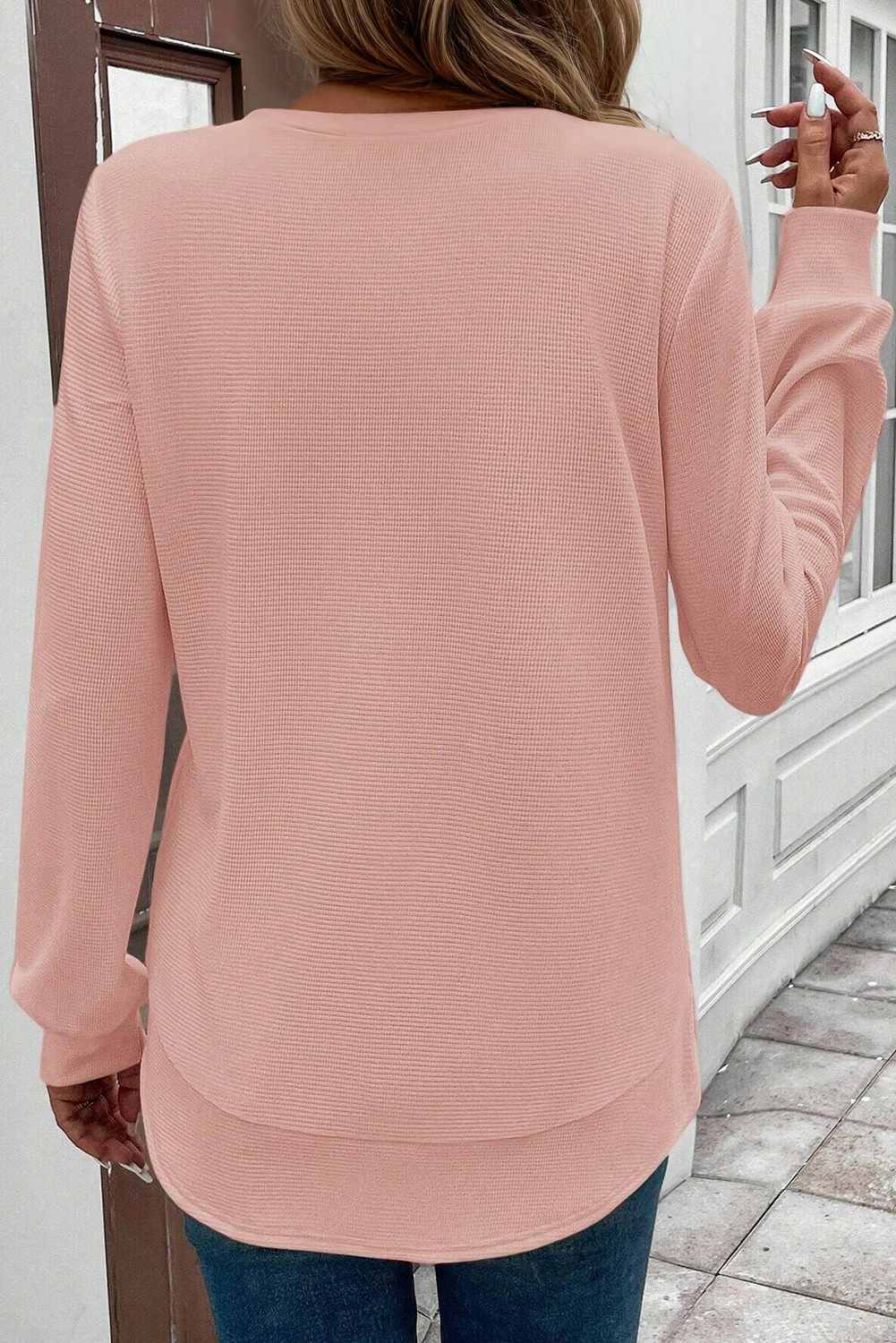 Gossamer Pink Rounded Hem Waffle Long Sleeve Top - Image 2