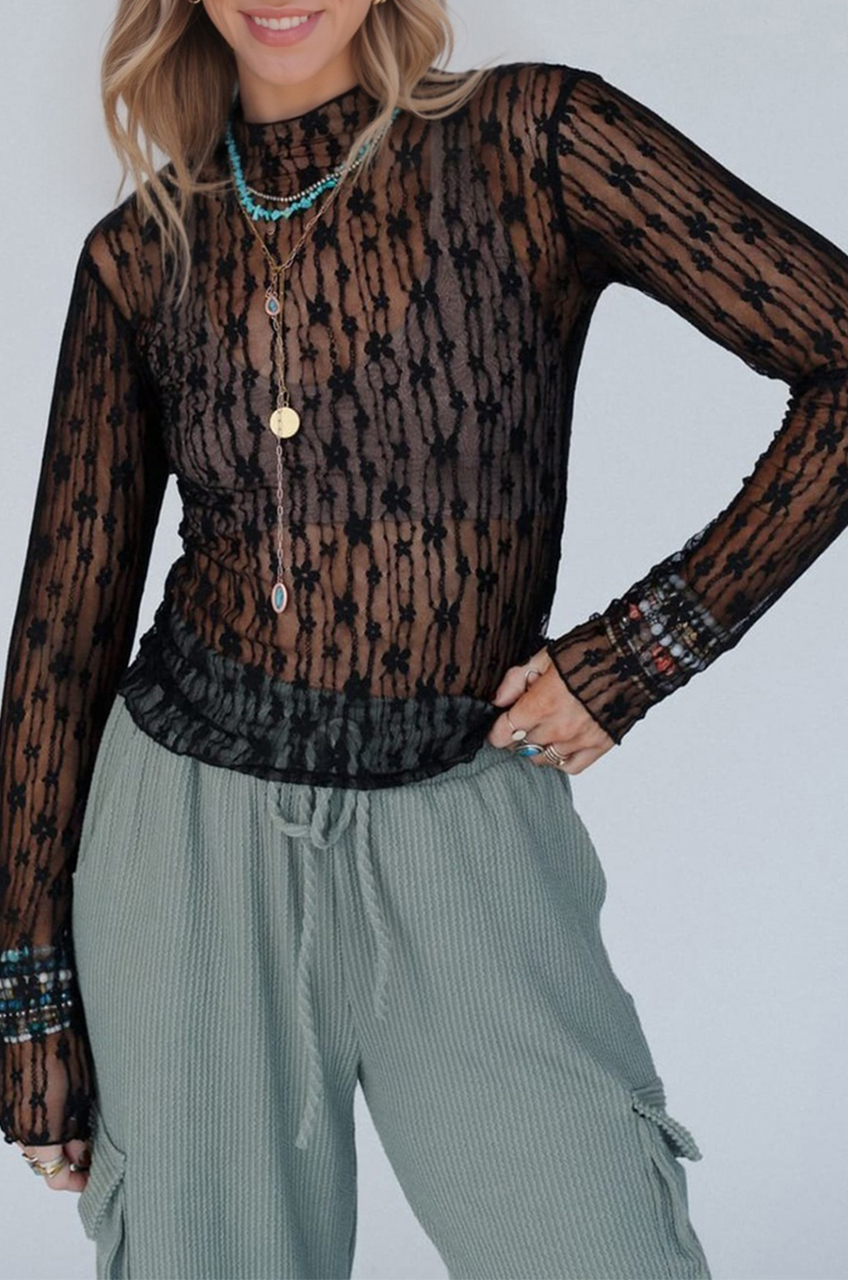 Black Sheer Floral Lace Long Sleeve Slim Fit Top - Image 5