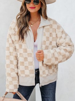 Khaki Checker Sherpa Corduroy Patchwork Zip up Collared Jacket