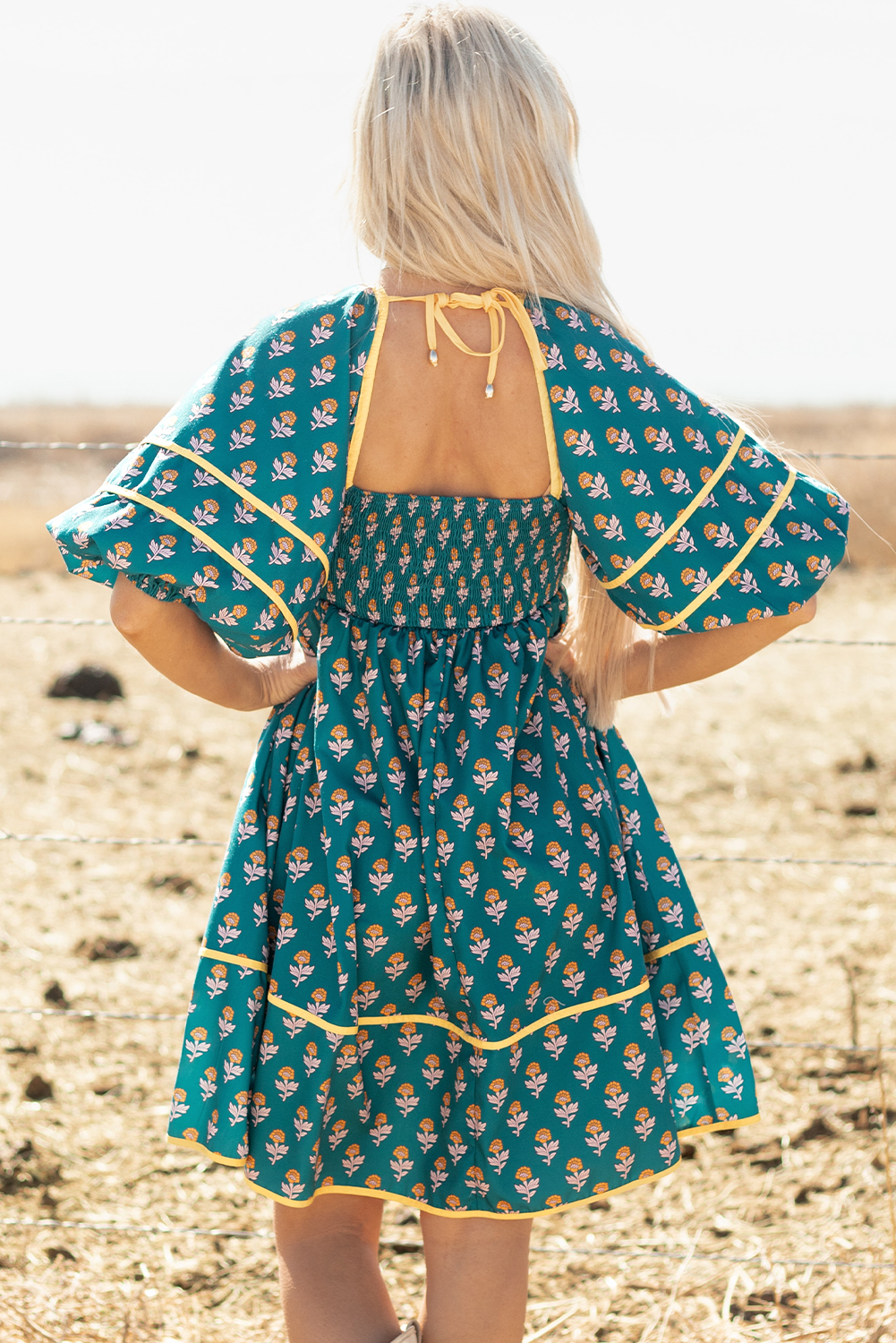 Skobeloff Floral Contrast Trim Square Neck Puff Sleeve Dress - Image 2