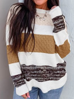 Brown Mixed Texture Knit Striped Color Block Loose Sweater
