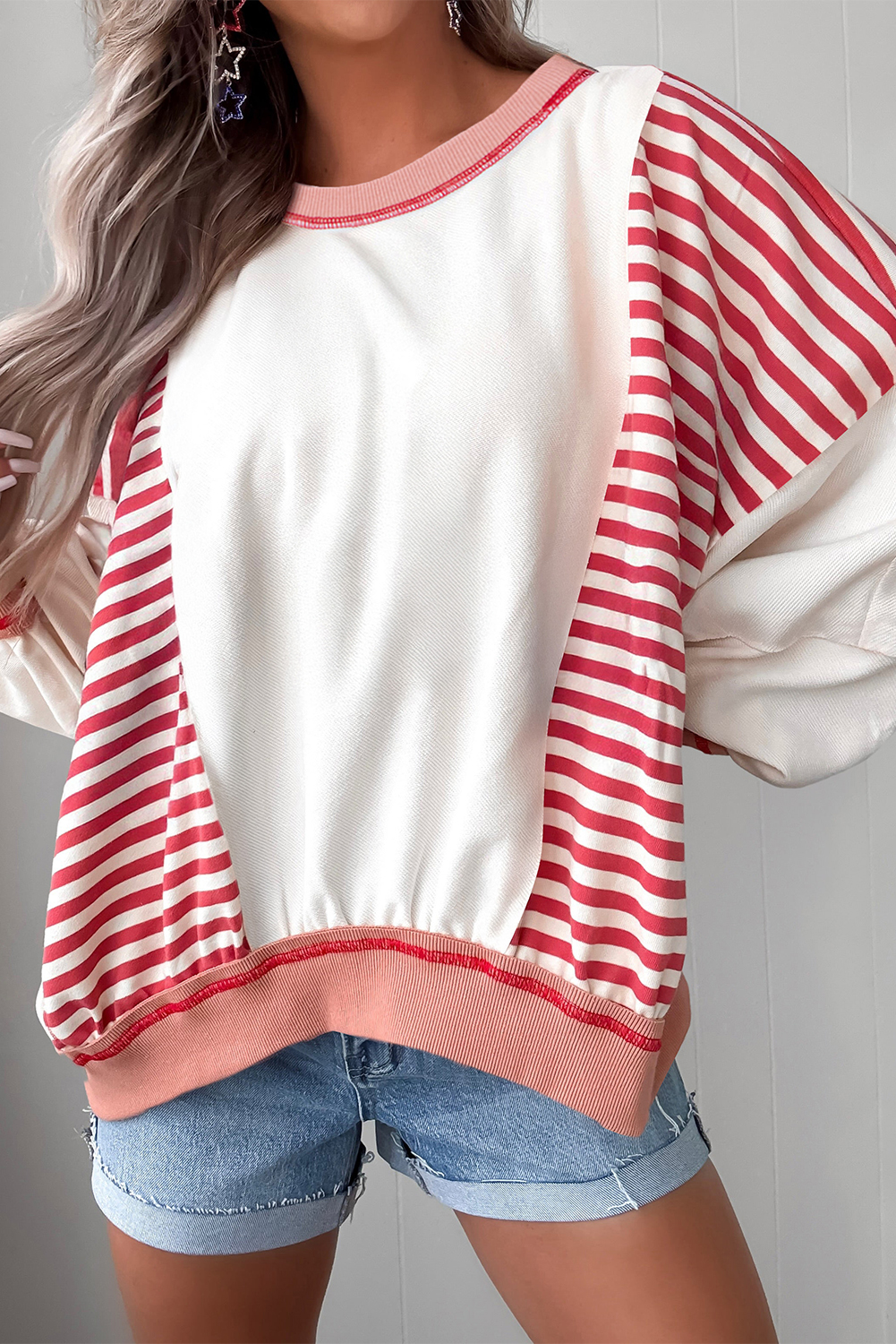 Red Stripe Colorblock Patchwork Contrast Stitching Oversize Sweatshirt - Image 8