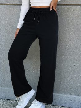 Black Solid Color Fleece Lined Drawstring Waist Casual Pants