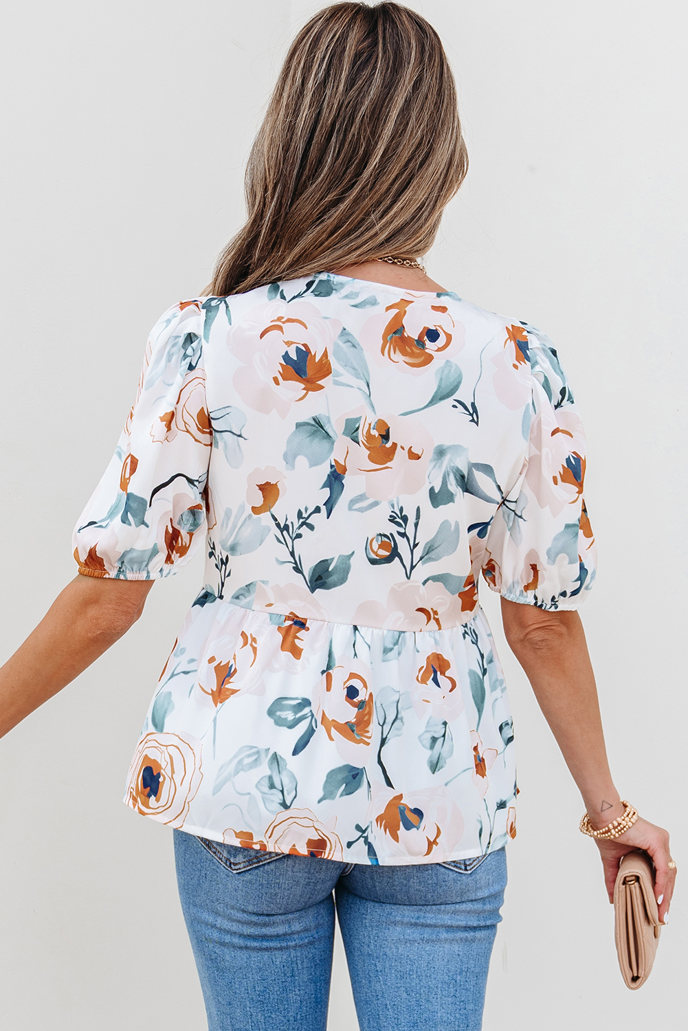 Green Floral Print Puff Sleeve V Neck Babydoll Blouse - Image 2