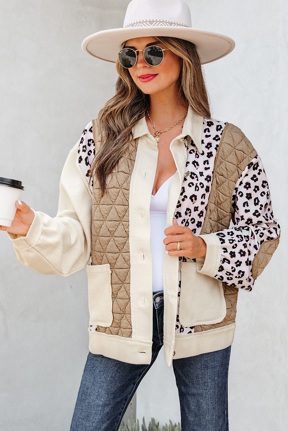 Khaki Leopard Waffle Quilted Patchwork Button Front Jacket - Image 5