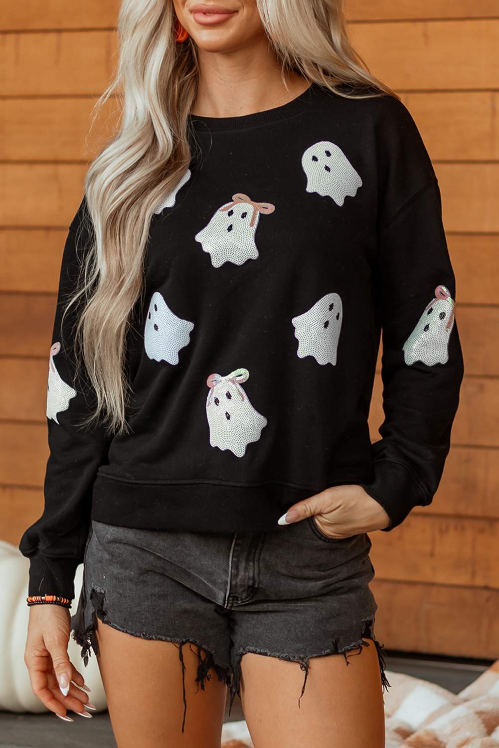 Black Sequin Cute Bow Ghost Graphic Crew Neck Halloween Sweatshirt - Image 8