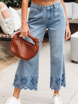 Dusk Blue Embroidered Cropped Wide Leg High Waist Jeans