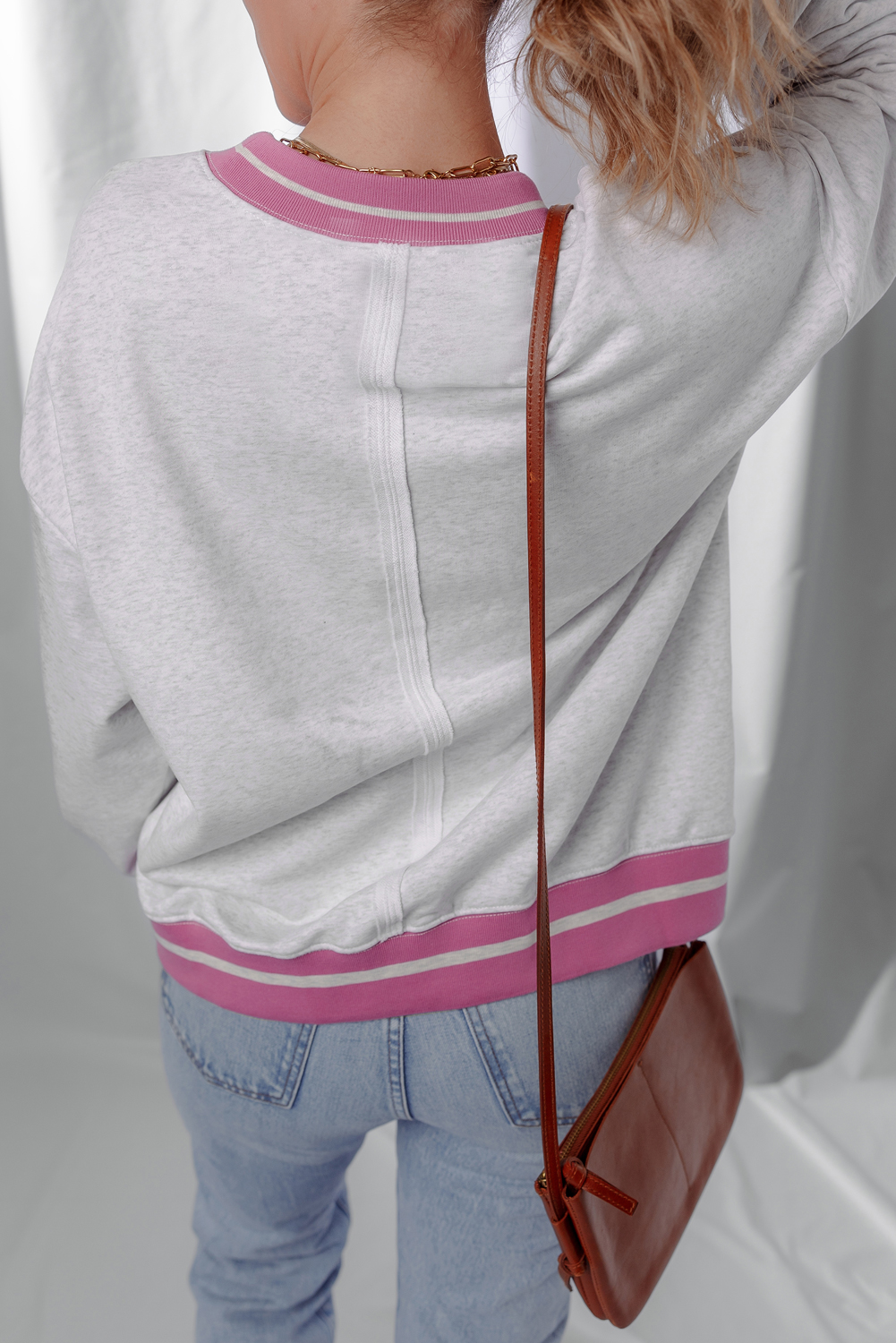 Gray Flower Patch Contrast Trim Crew Neck Sweatshirt - Image 2