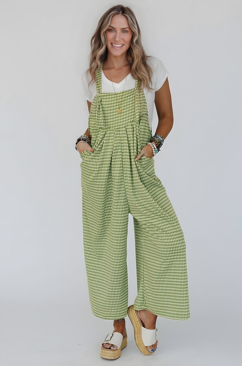 Green Gingham Wide Leg Loose Overall with Pockets - Image 2