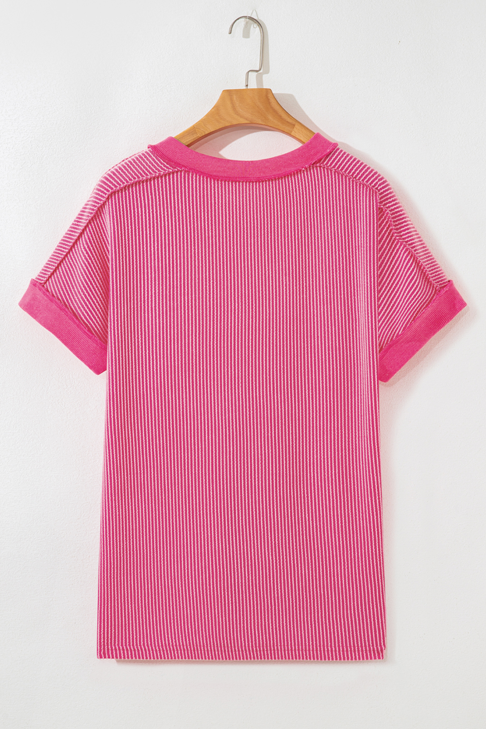 Rose Red Twisted Ribbed Knit V Neck Casual Tee - Image 5