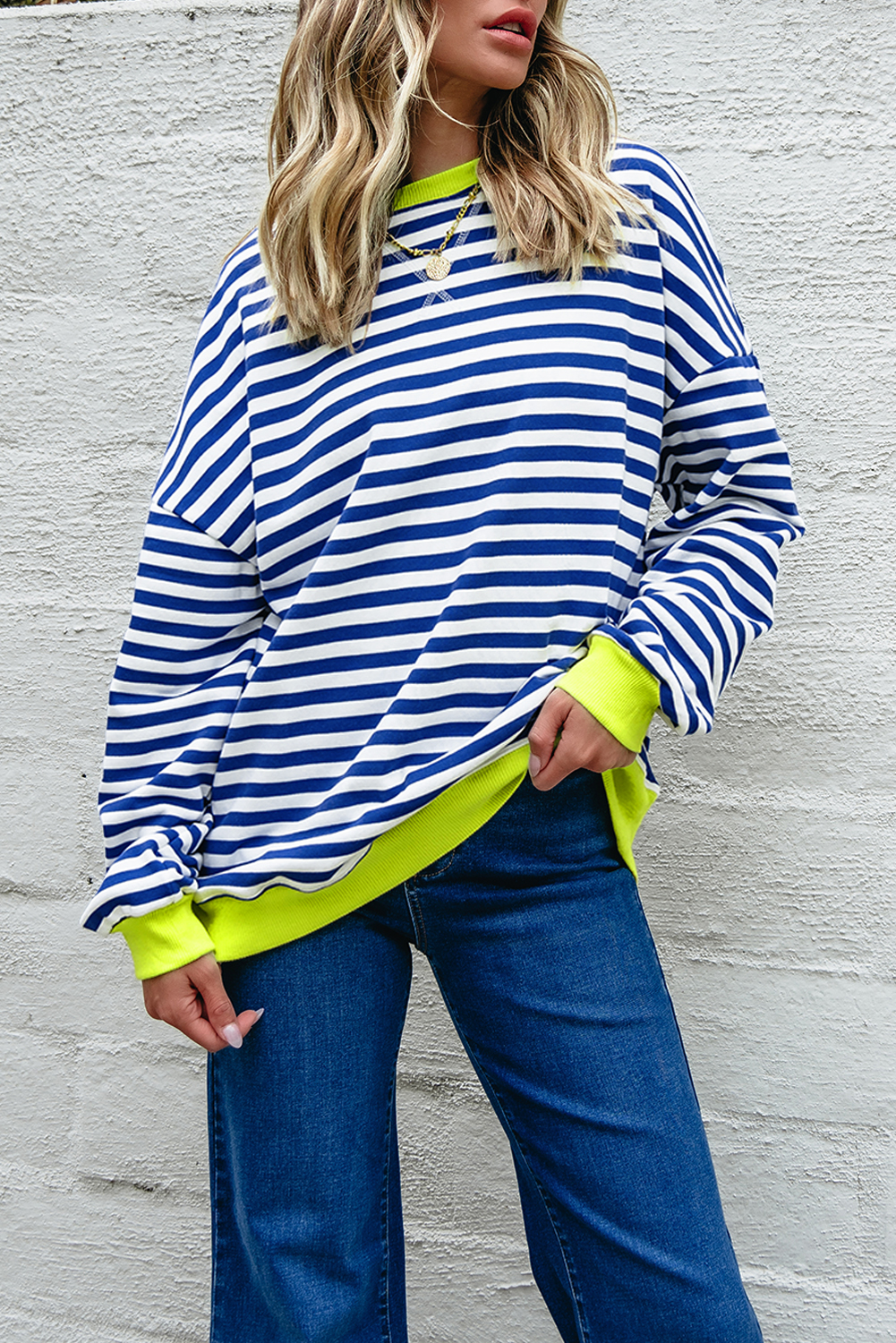 Sky Blue Stripe Striped Contrast Ribbed Trim Crossed Stitch Drop Shoulder Sweatshirt - Image 6