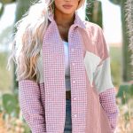 Pink Houndstooth Color Contrast Textured Patchwork Loose Shacket