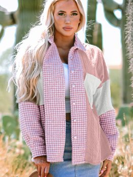 Pink Houndstooth Color Contrast Textured Patchwork Loose Shacket