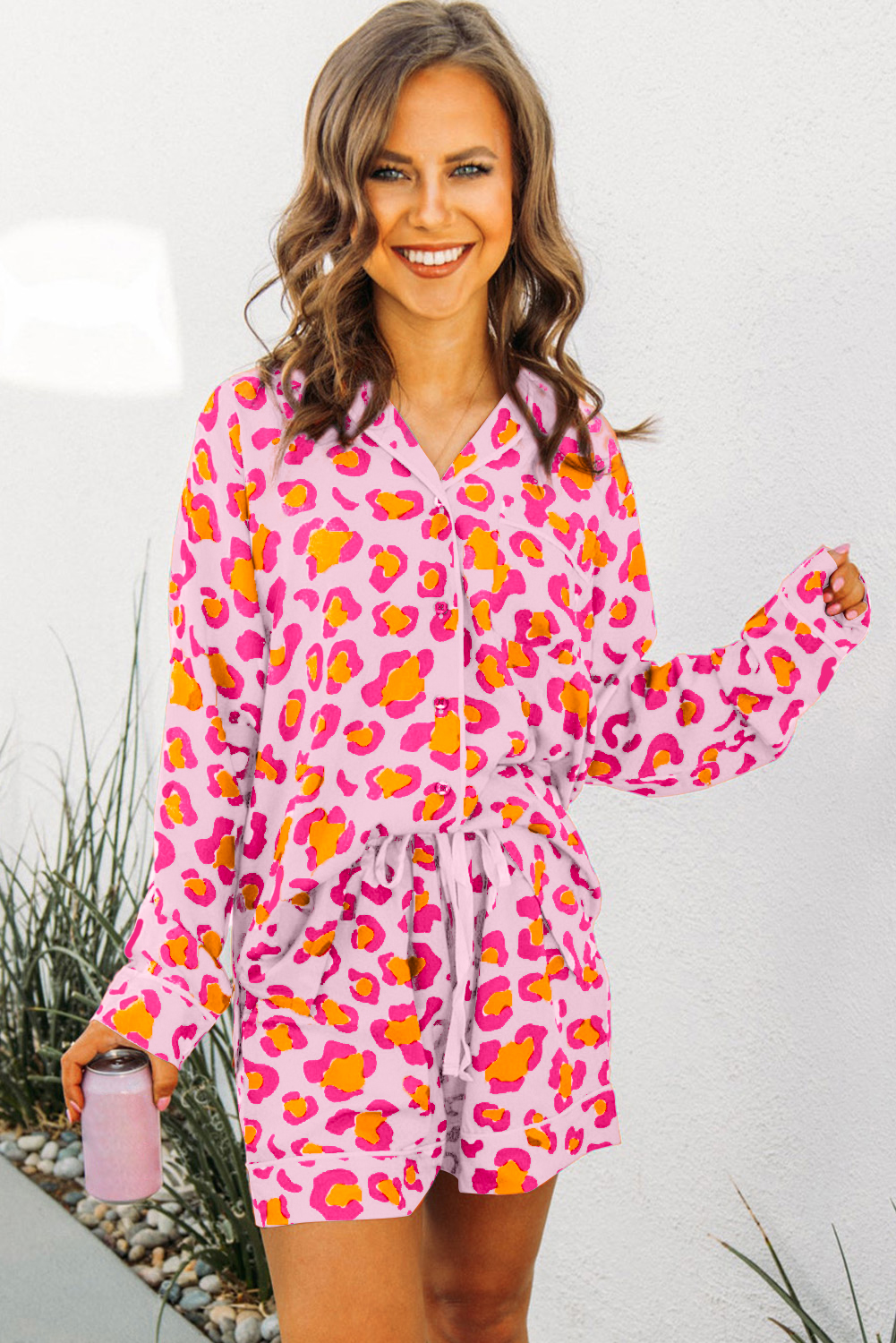 Pink Leopard Print Long Sleeve Shirt and Shorts Pajama Set - Image 4