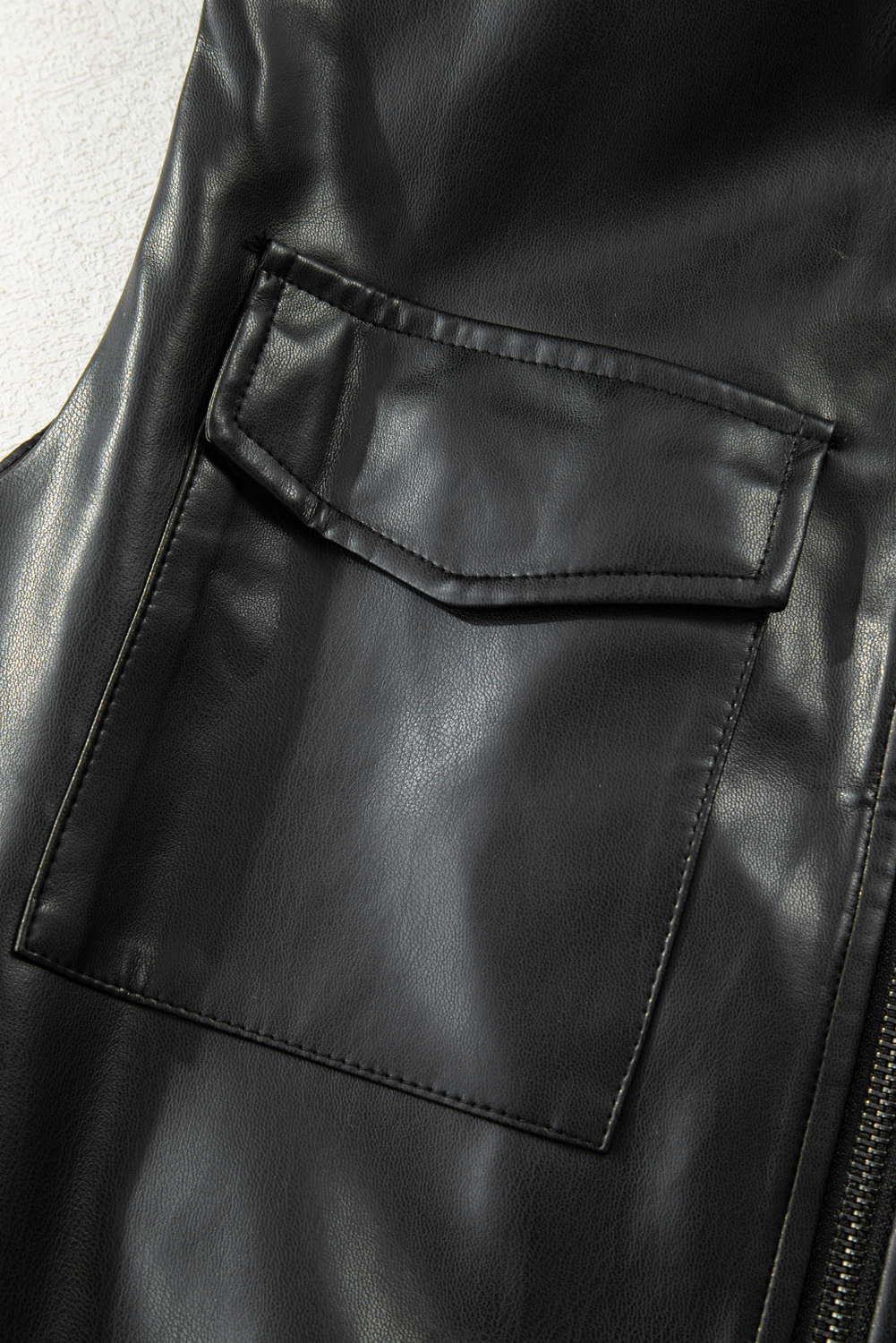 Black Double Flap Pocket Faux Leather Zip Up Stand Neck Vest - Image 7