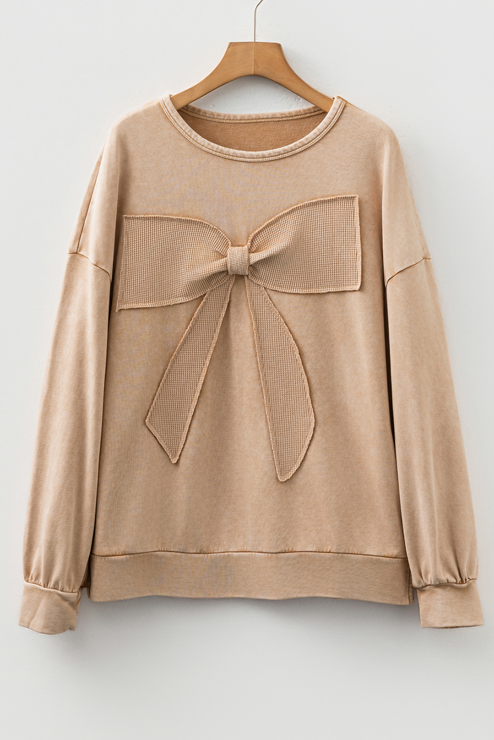 Light French Beige Mineral Wash Big Bow Patchwork Pullover Sweatshirt - Image 7